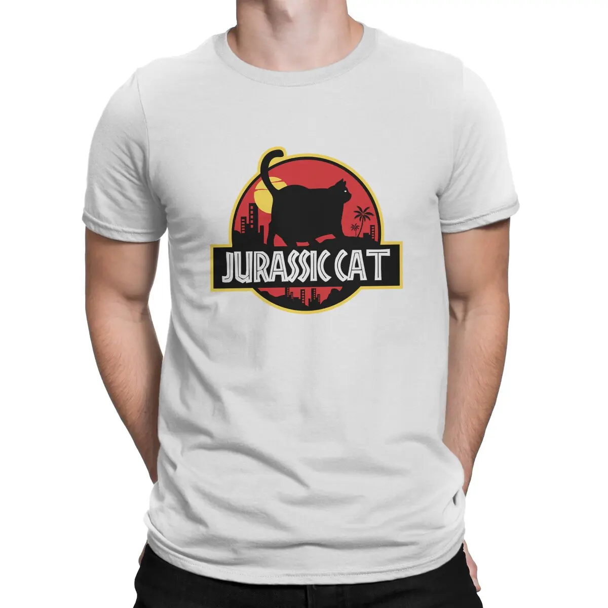 

Футболка мужская с рисунком кошки Юрского периода, модная рубашка с круглым вырезом, из полиэстера, летняя одежда