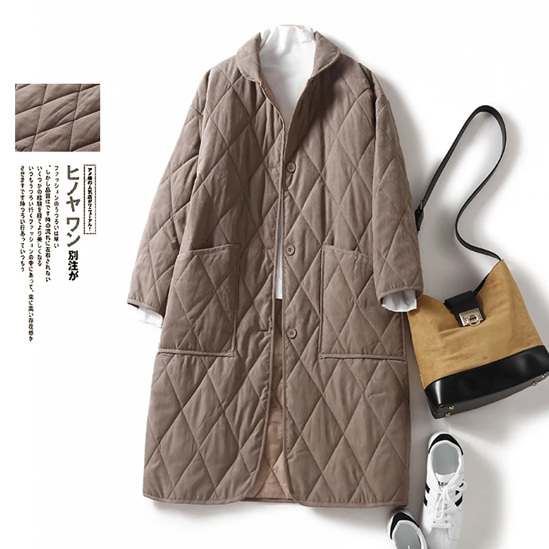 plus Size Women's Cotton Jacket Diamond Patterned Warm Mid-Length Versatile Cotton Coat for Autumn Winter Commute