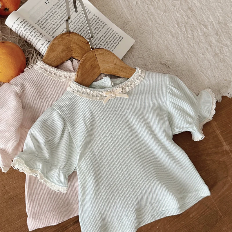 

2024 New Summer 0-24M Children Clothes Newborn Baby Girl T-shirt Short Sleeved Cotton Lace Splicing Toddler Baby Girls Pullover