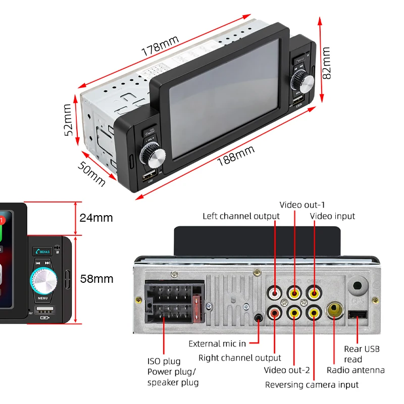 1 Din 5" Car Radio Apple CarPlay Android Auto, Hands-Free Bluetooth 5.1, Reversing Camera Input USB/FM/MP5 Player Headunit F160C — view 5