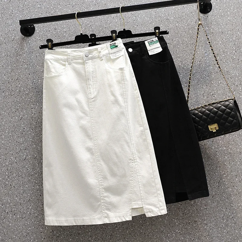 

Gap Patches Stretch Denim Skirts Woman High Waist Split Classic A-line Casual Calf Length Skirt Mujer Summer White L423