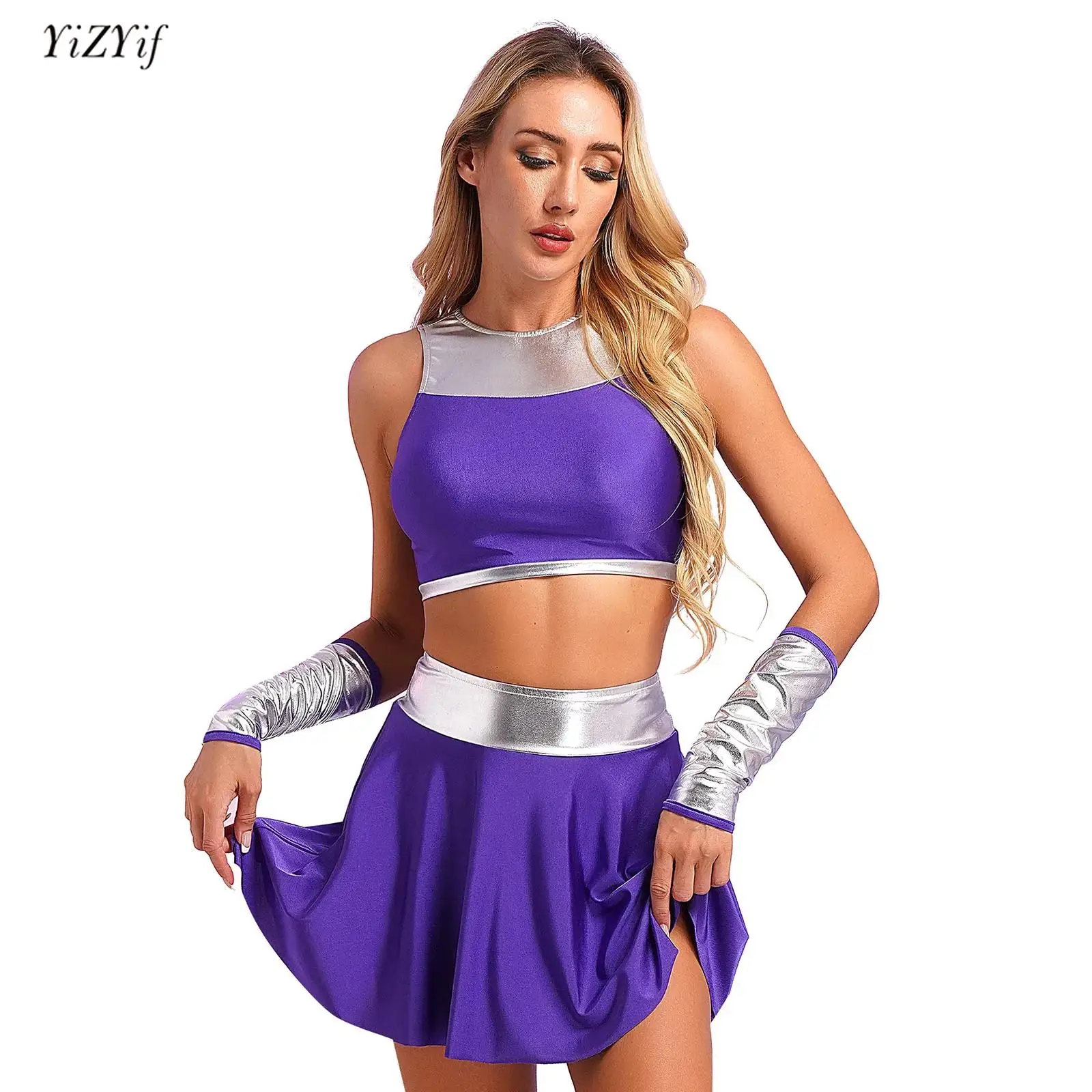 

Hot Anime Princess Cosplay Costume Women Halloween Party Metallic Sleeveless Crop Top+Gloves+Miniskirt Suit Cheerleading Uniform