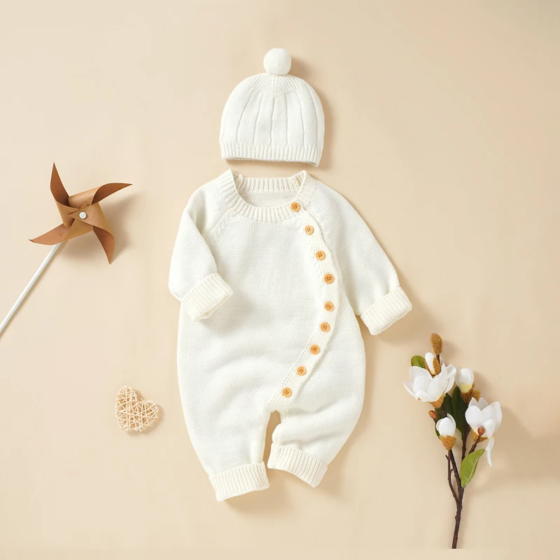 

Baby Rompers Clothes Autumn Solid Long Sleeves Knit Newborn Infant Boys Girls Jumpsuits Hats Costumes Winter Children's Costumes