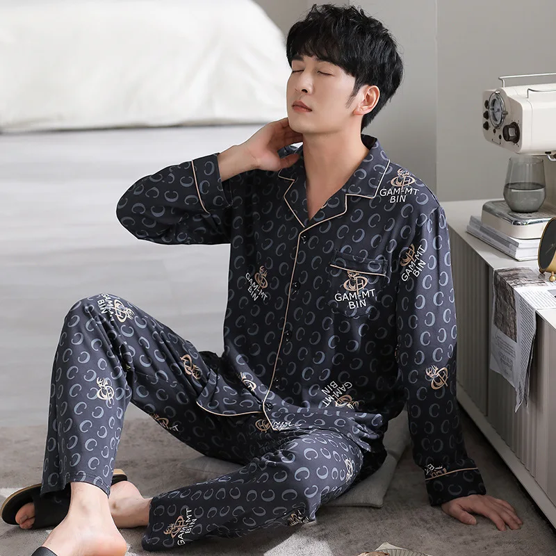 Autumn Winter Men's Cotton Pajamas Fashion Lapel Long Sleeve Cardigan Pants Comfortable Casual Loose Fitting Home Clothing Set
