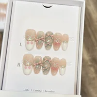 10pcs Handmade French Press on Nails 3D Sweet Pink Bow Decor Fake Nails Tips Wearable Reusable Korean Cute Almond False Nails