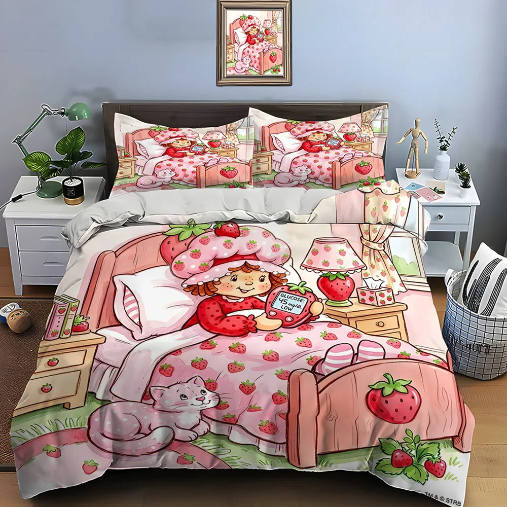 3pcs Cuete Cartoon E-Emily Erdbeer Friends 인쇄 된 침구 세트 1 이불 커버 2 베개 커버 소년 소녀 어린이 럭셔리 선물