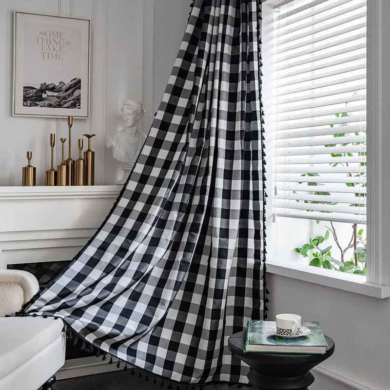 

Cotton Linen American Plaid CurtainThick with Tassels Curtains for Living Room Drape Kitchen Valance for The Luxury Living Room