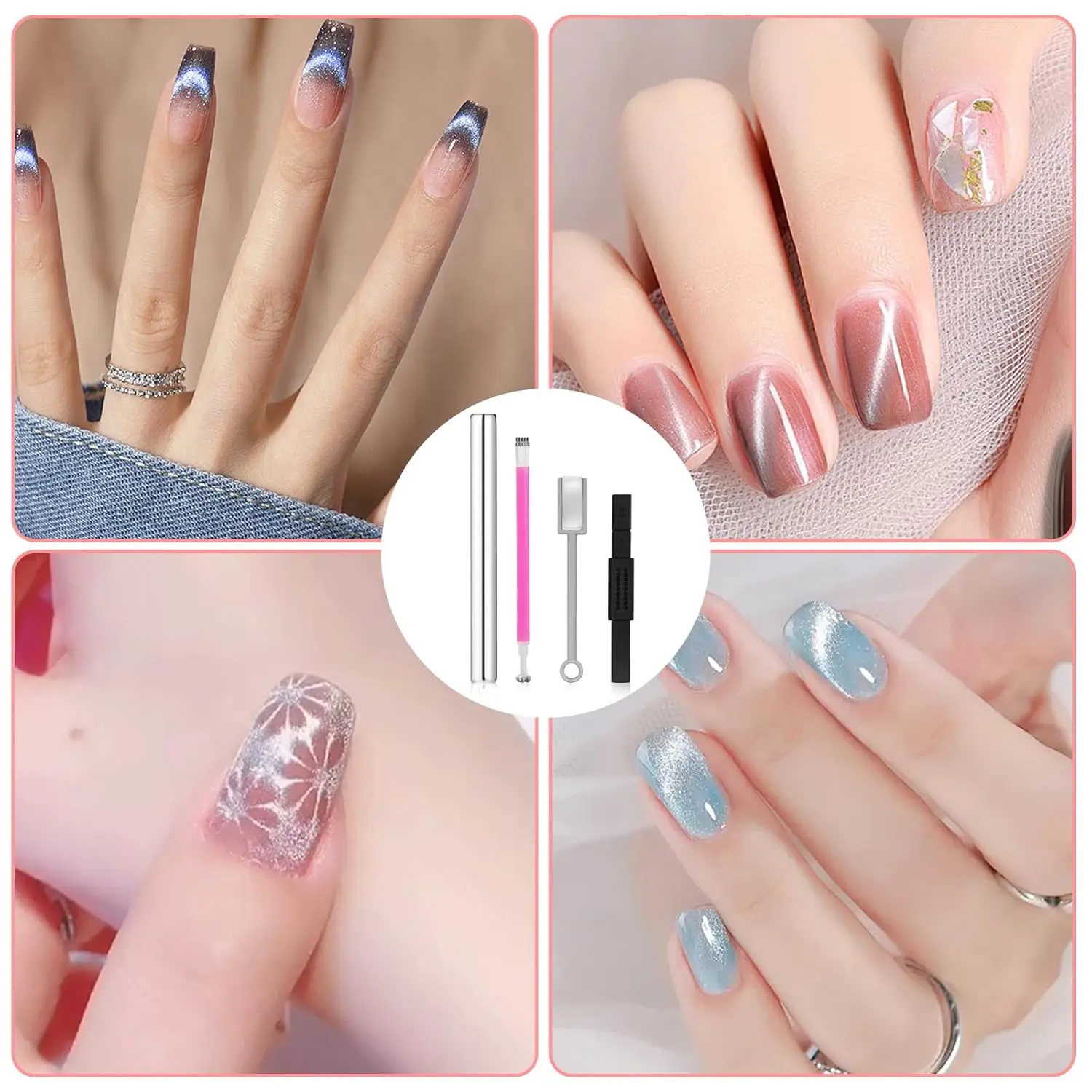 YIKOOLIN 4Pcs 고양이 눈 네일 아트 자석 세트 양면 자기 막대 젤 폴리쉬 호환 매니큐어 도구 독특한 디자인 만들기