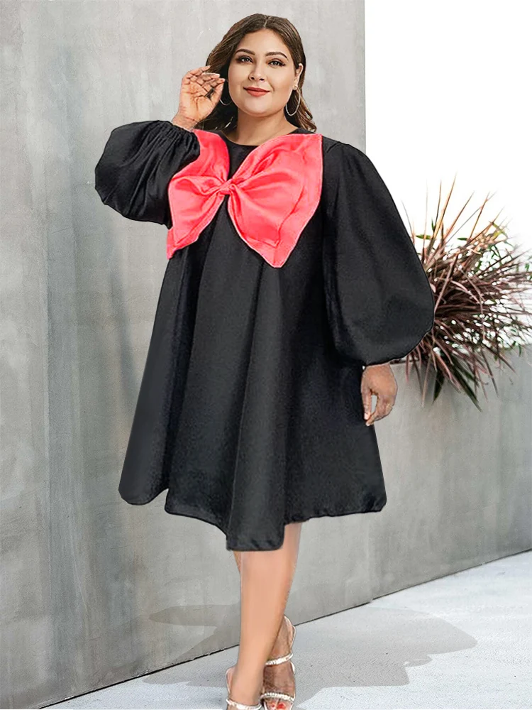 Plus Size A Line Dress Women Black Prom Party Puffy Long Sleeve Mini