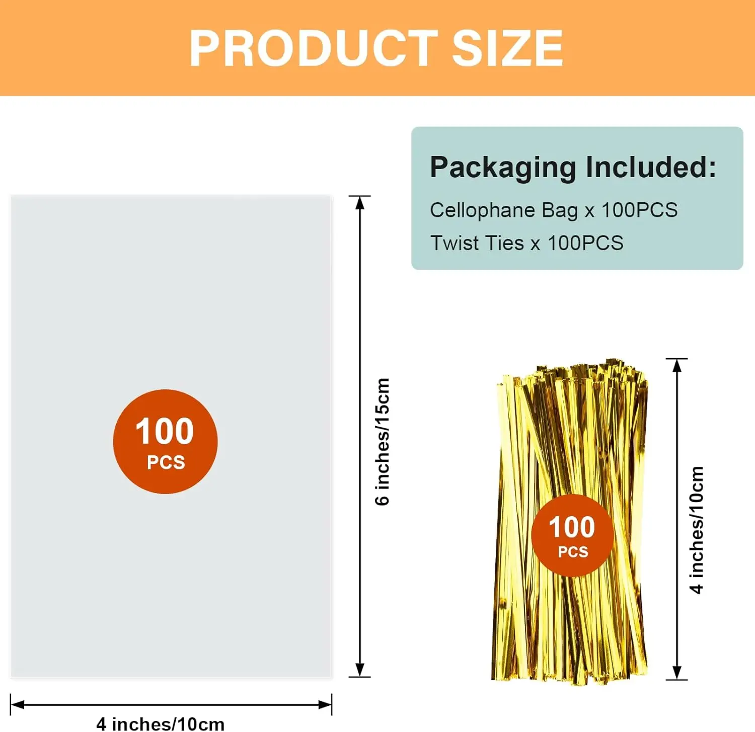 100 Pcs 4x6 Inch Clear Cellophane Bags with Color Twist Ties, Clear Plastic Goodie Cello Treat Candy Bags for Cookies, Popcorn