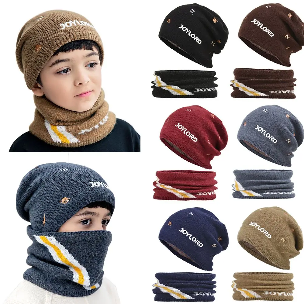 

Embroidery Woolen Children Cap Scarf Set Boys Girls Balaclava Beanie Kids' Winter Hat