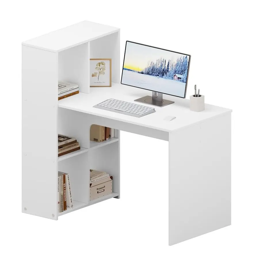 mit 6 Regalen, 120 x 63 cm, weißer Computertisch mit Stauraum, Bürotisch, PC-Tisch, Eckschreibtisch für Arbeitszimmer, Wohnzimmer
