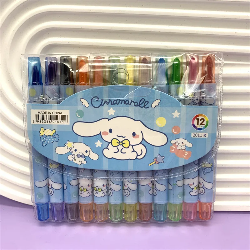 Nuovi 12 colori sanios pastelli Kawaii Hello Kittys Kuromi Melody Cinnamoroll rotante telescopico colorato penna bambini disegno Graffi