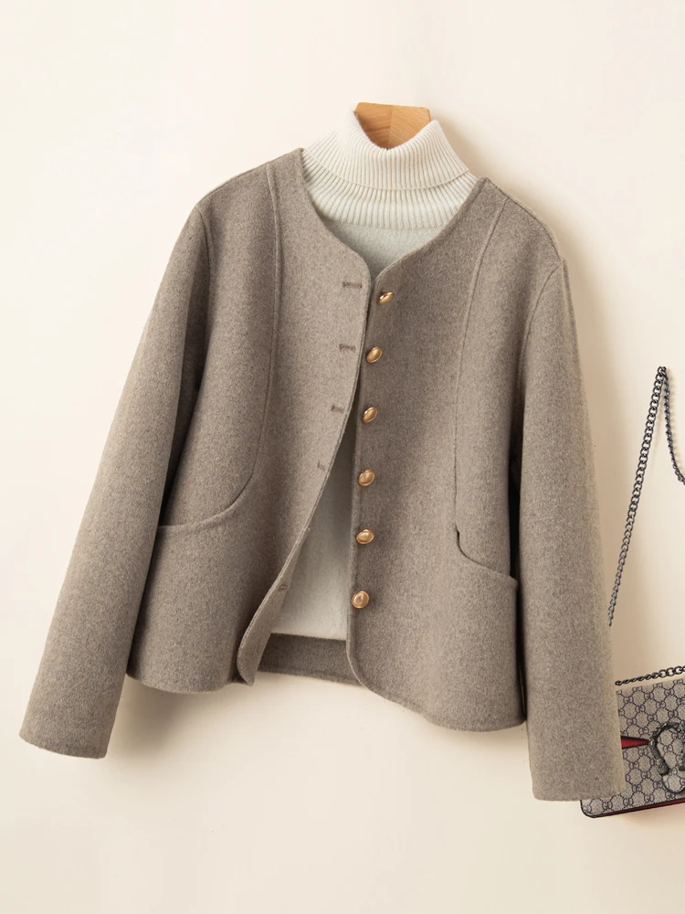 Autumn and Winter New 100% Pure Wool Double sided Coat Women's Round Neck Loose Solid Color Fashion Short Fragrant Coat Top