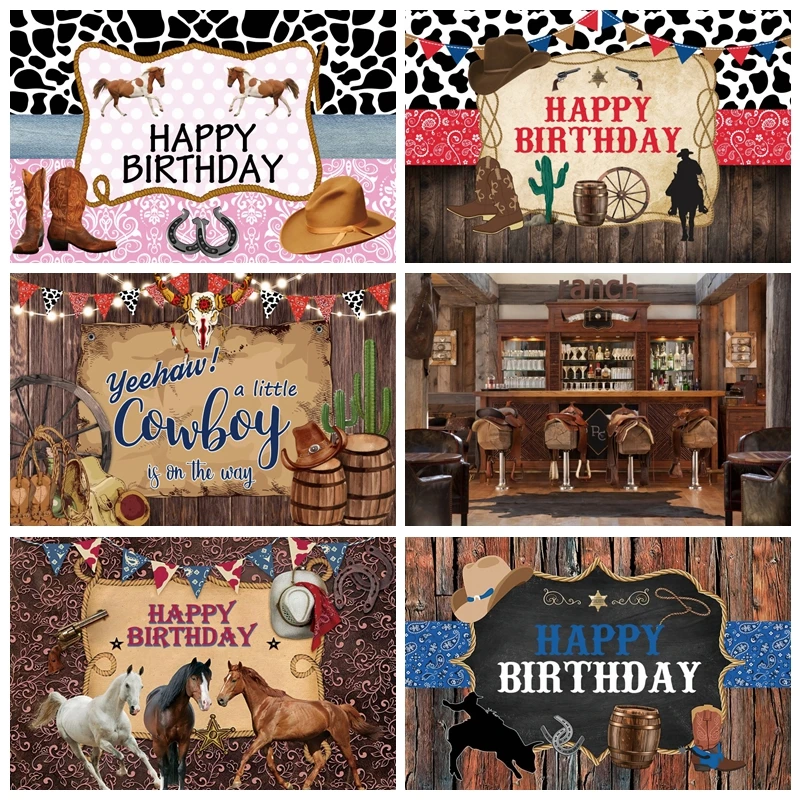 

Baby Birthday West Cowboy Backdrop Farm Saloon Barn Horse USA Vintage Party Decor Photography Background Kid Photo Studio Props