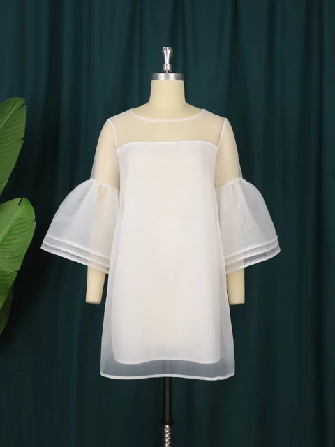 فساتين نسائية بيضاء حلوة رقبة على شكل حرف O 3 طبقات فستان بأكمام جرس شفاف من خلال غطاء من التل فساتين قصيرة فضفاضة أنيقة 2