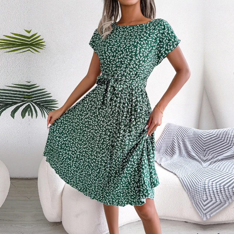 Gaun Berlipat Floral Wanita Gaun Midi Perban Ruched Lengan Pendek Leher-o Kasual Musim Panas Gaun Boho Chic A Line Pantai Wanita 3