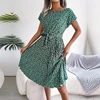 Gaun Berlipat Floral Wanita Gaun Midi Perban Ruched Lengan Pendek Leher-o Kasual Musim Panas Gaun Boho Chic A Line Pantai Wanita 3