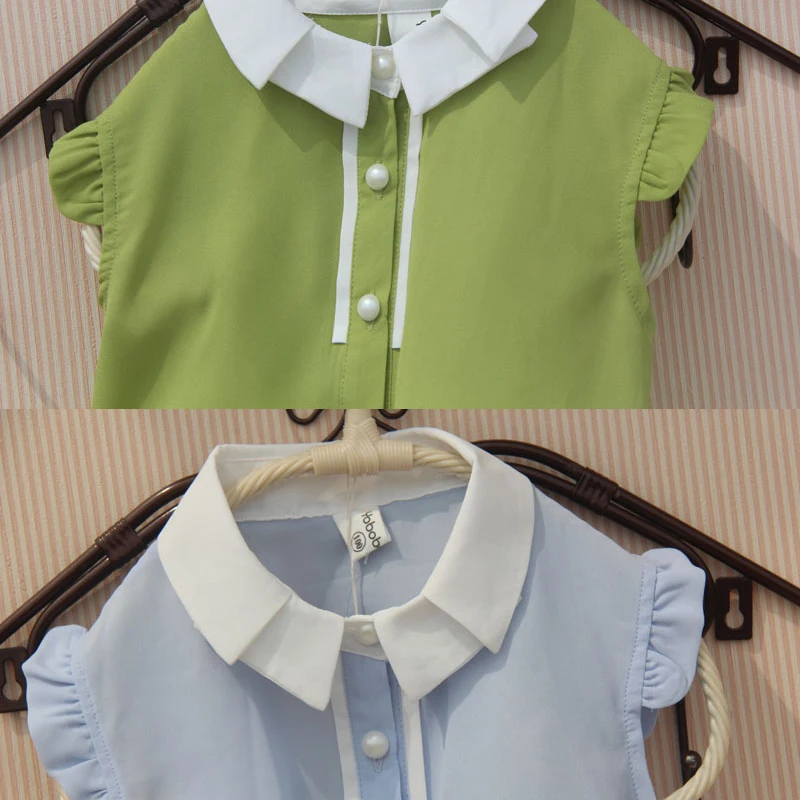 Korean Children Girls Shirts Summer Chiffon Cool Tops Teenage Girls Ruffle Blouse Kids Sleeveless Turn-down Collar Vest Shirts