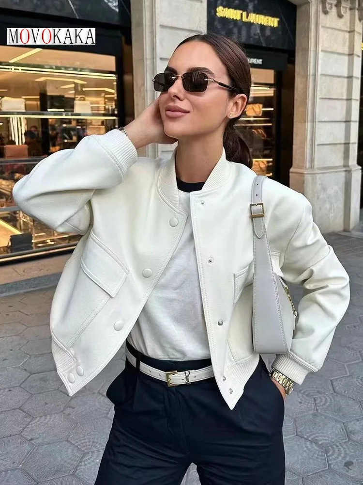

MOVOKAKA Ladies Pocket Short Jacket Women Solid O Neck Long Sleeve Coat 2023 Spring Autumn Casual Female Single Breasted Outwear