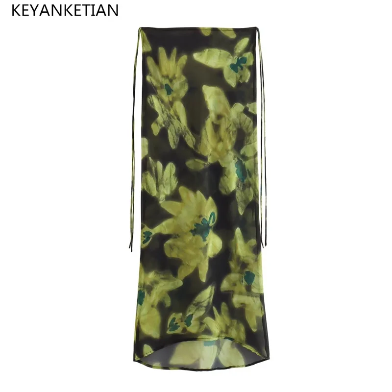 

Летняя новая юбка KEYANKETIAN на шнуровке с завышенной талией, шелковая атласная юбка с принтом, Женская Асимметричная юбка до щиколотки в стиле ретро