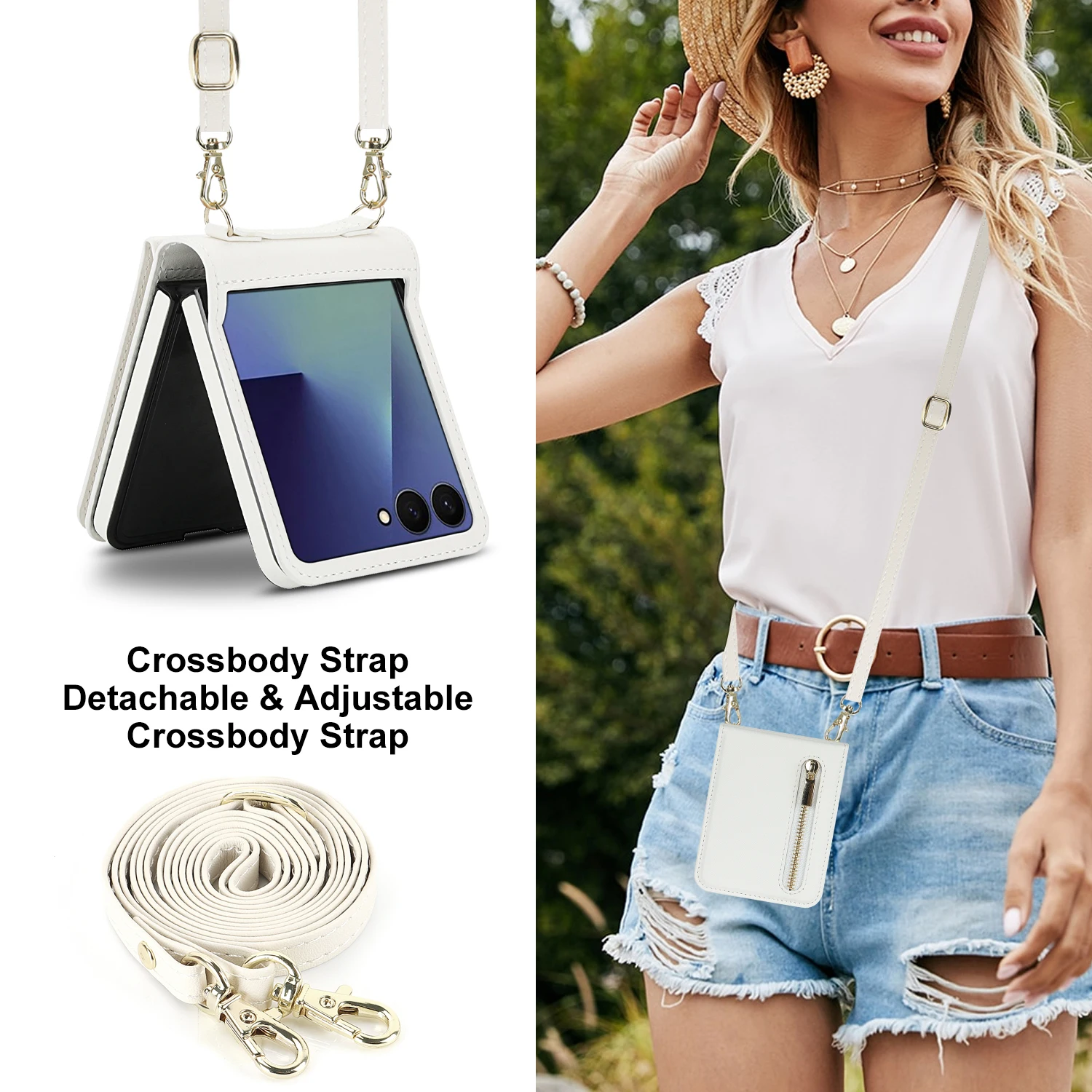 Leather Wallet Phone Case with Zipper Pocket, Kickstand, and Crossbody Strap - Shockproof and Protective