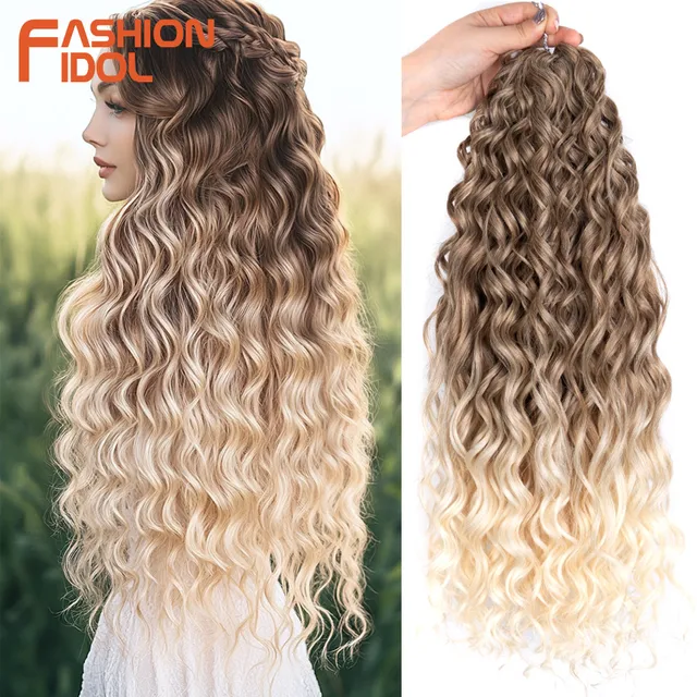 FASHION IDOL Curl cheveux vague profonde torsion Extensions de cheveux pour les femmes 20 pouces Ombre Blonde Crochet faux cheveux synthétiques Crochet tresses 1