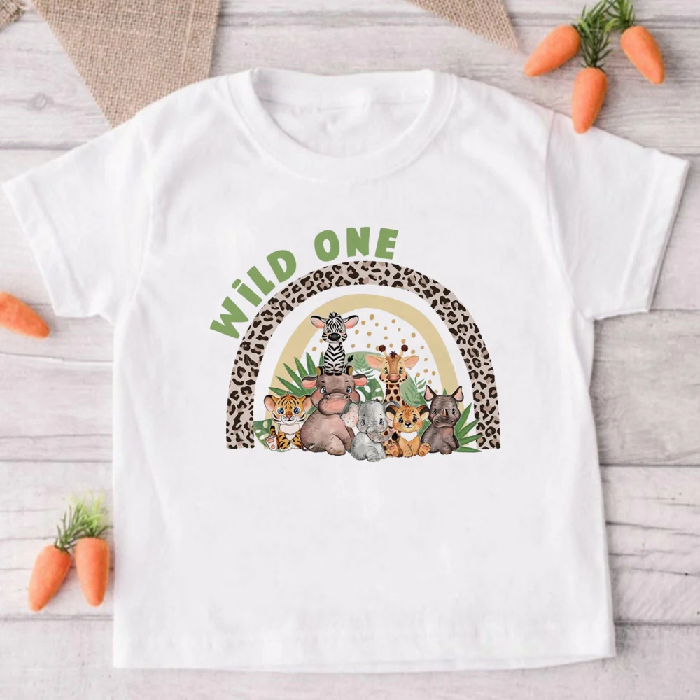 Wild One Safari Animals Printed Kids Birthday Shirt Boys Girls T-Shirt Wild Birthday Party Outfits Toddler Short Sleeve Clothes 6