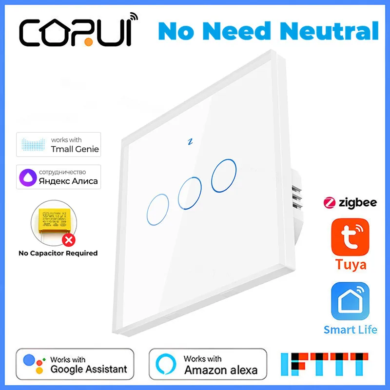 

CoRui Tuya ZigBee Smart Light Switch No Neutral Wire/Capacitor Required Wall Switch 1/2/3Gang Work with Alexa Google Home Yandex
