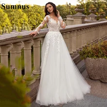 

Sumnus Boho Ivory Long Sleeve Wedding Dress With Corset Lace Appliques V Neck Tulle Bridal Gowns Vestidos De Noiva
