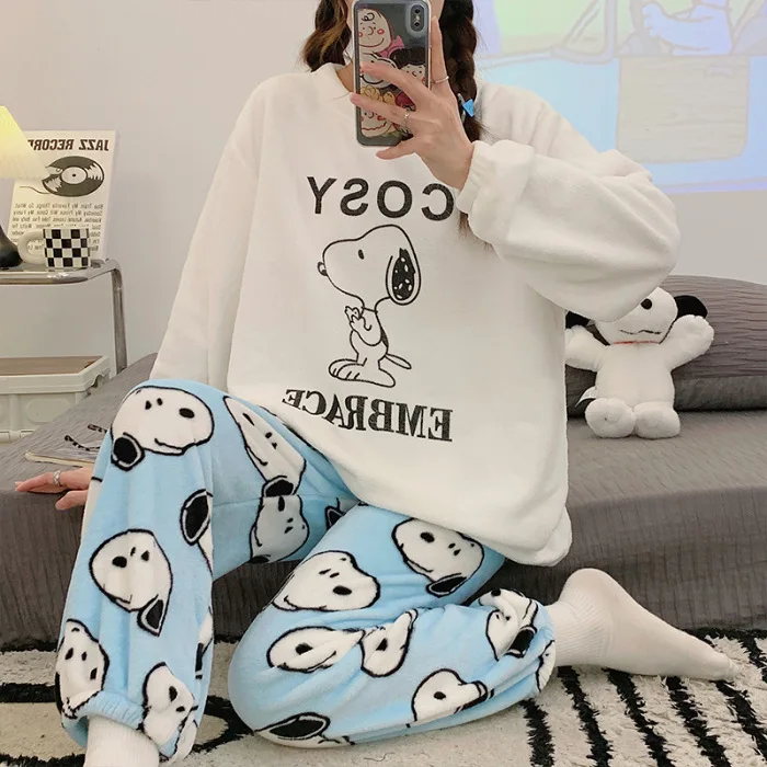 

Kawaii New Snoopy Cute Flannel Cartoon Pajamas for Women Winter Thickened Sweet Cartoon Home Clothes Warm Set