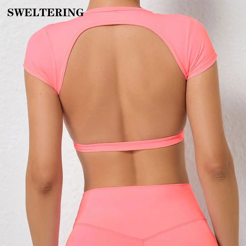 Woman Sports Top Round Neck Yoga Crop Top Short Sleeve Backless Fitness Push Up Workout T-shirt Tops Gym Clothing Sportswear