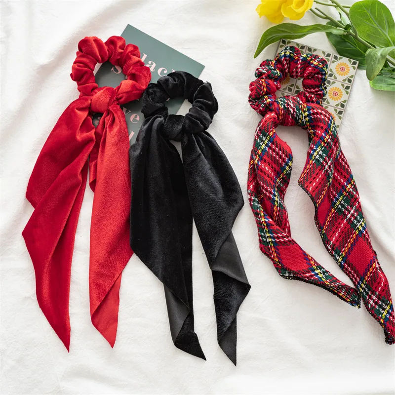 24pc Christmas Tartan Prints Scrunchies Long Hair Rope Korean Hair Ties for Women Ponytail Scarf Sweet Elastic Hair Band Girls hooded scarf windproof girls scarf cap warm integrated bear ear girls plush gloves scarf hat beautiful for daily life