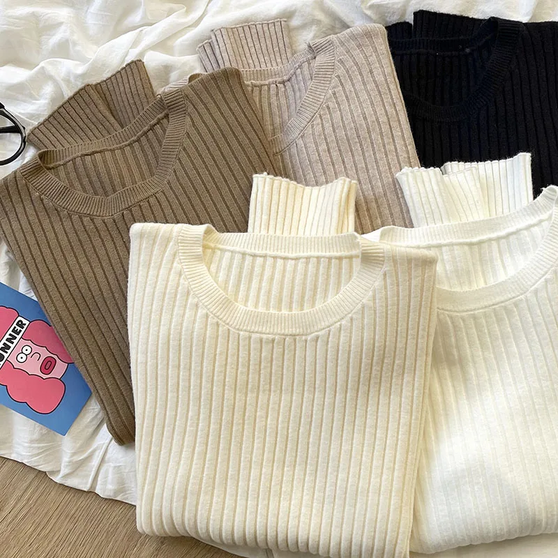 

Vintage solid color pit strip slim autumn and winter bubble sleeve knit sweater