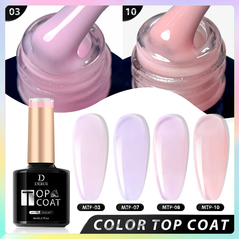 DEROI 8ml Solid Top Coat Glitter No Wipe Gel Top Coat Rubber Base Coat Soak Off Manicure Semi Permanent Clear Nail Polish UV/LED 3