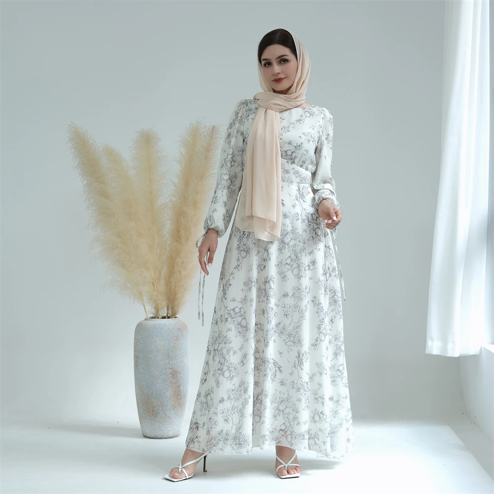 

Dubai Women Floral Print Long Sleeve Maxi Dress Muslim Abaya Turkey Kaftan Islamic Clothing Arabic Robe Ramadan Jalabiya Gown