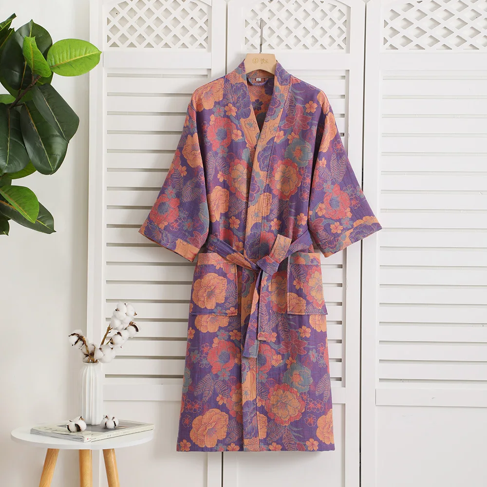 Spring summer thin pure cotton double-layers gauze bathrobe water absorption quick dry couple pajamas women's home Dressing Gown