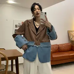Denim emendado blazer xadrez feminino chiques tops casaco único botão solto blazer mujer 2022 primavera tendência da moda