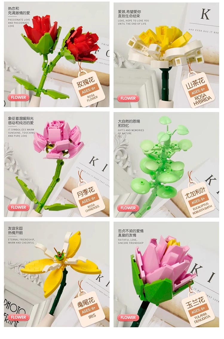 Eternal Rose Sunflower Bouquet Building Blocks, DIY Mini Bricks for Adults, No W