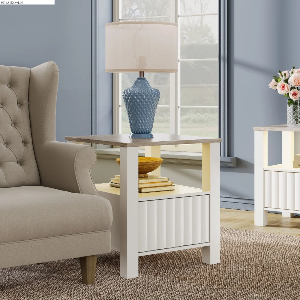 

LED Nightstand with Door and Open Storage, White Modern End Side Table for Bedroom Living Room