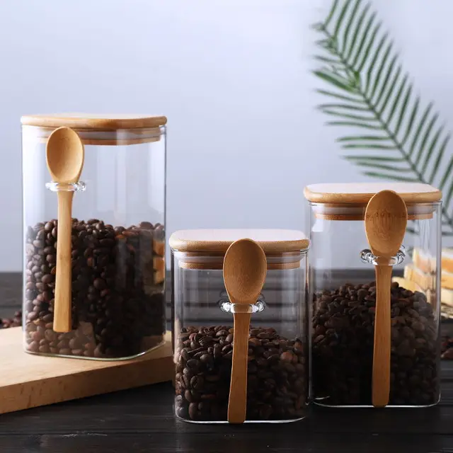 Japanese Style Square Glass Sealed Storage Jar with Wooden Spoon Seasoning Box Coffee Bean Cans Household Milk Powder Tea Cans 4