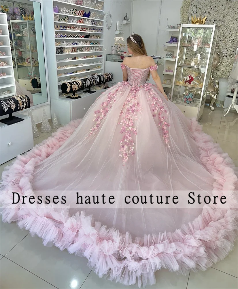 

New Tulle Ball Gown Quinceanera Dresses 2023 Off Shoulder Lace Appliques Crystal Sweet 16 Dress Vestidos De 15 Años Corset Dress