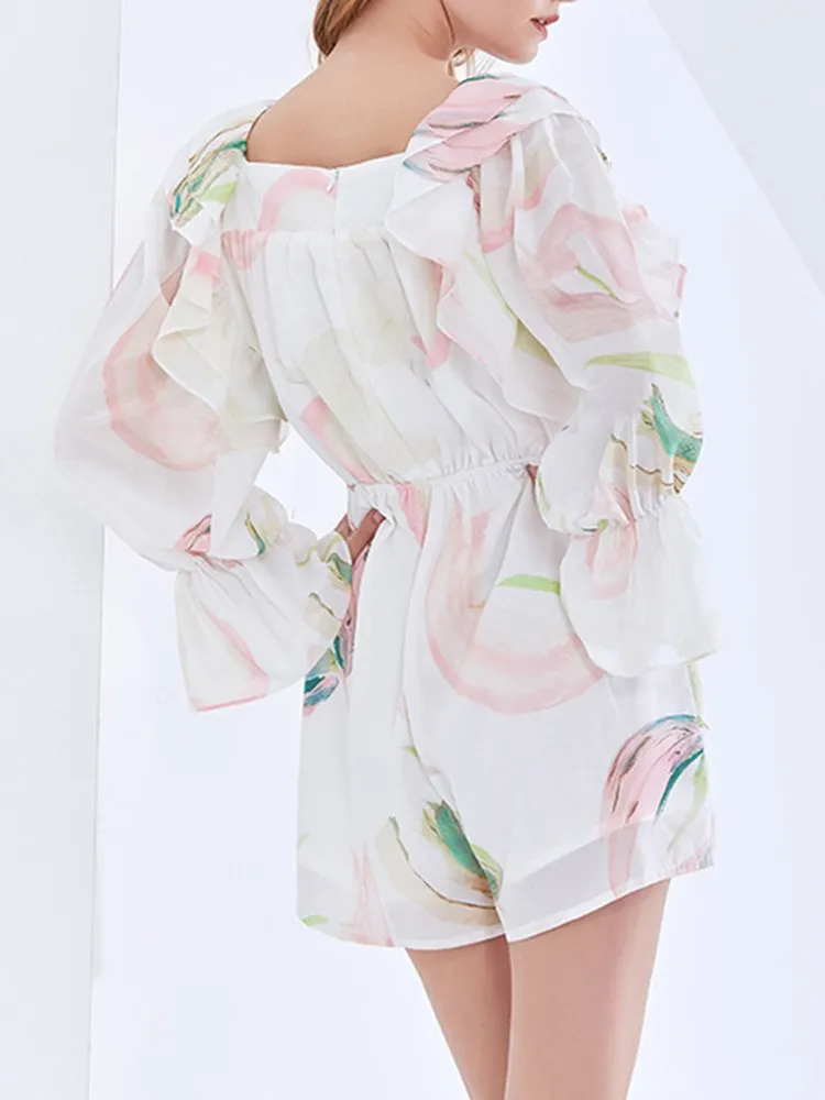 KBQ-Print Spliced Ruffles Playsuits for Women, Square Collar, Long Sleeve, High Waist,Casual Folds,Sheer Playsuits,Female Summer
