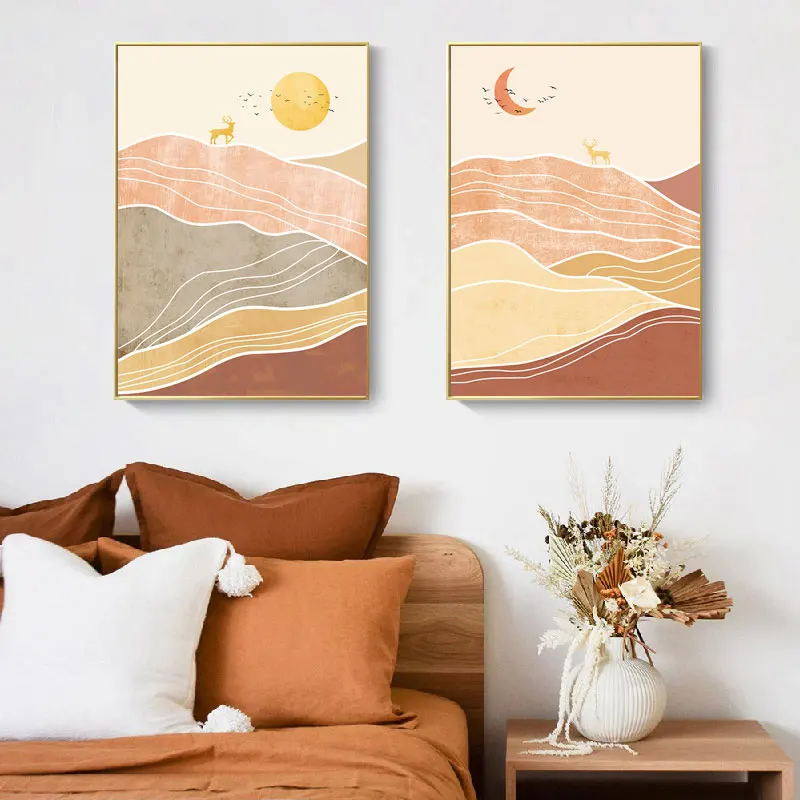 

Nordic Abstract Landscape Wall Art Modern Deer Canvas Painting Sun and Moon Posters Prints Picture for Living Room Home Decor
