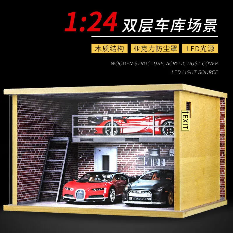 

1/24 Scale Diorama Car Garage Model LED Lighting City Double Deck Car Parking Lot Backdrop Display Scene Model Collection Gift