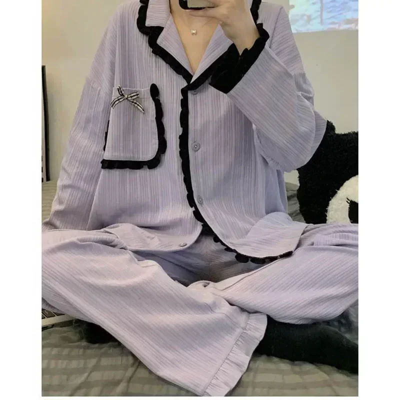 

Sleeve Clothes 2 Wears Piece Pants Pajama Suit Long Night Piiama Autumn Korean Pocket Home Button Sets Women Ruffles Sleepwear