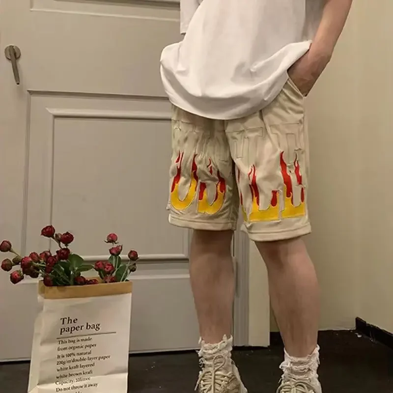 2023 European and American retro embroidery flame letter shorts street style basketball casual loose sports five-point y2k pants