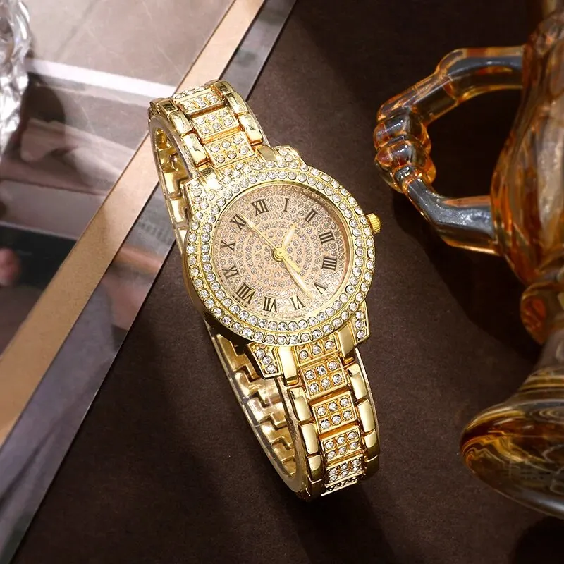 Golden Watch Women Ring Necklace Earrings Rhinestone Fashion Wristwatch Female Casual Ladies Watches Bracelet Set Clock, Alina Gadgets