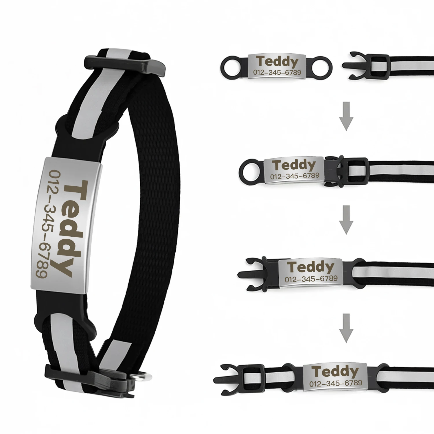 Personalized Reflective Pet Collar with Engraved ID Nameplate and Bell