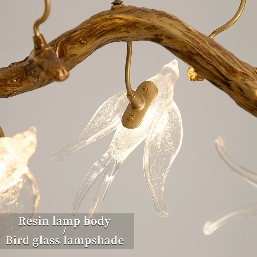 Designer Glass Bird Song Crystal Chandelier Pure Copper Luxury Retro Living Dining Room Decoration Hanging Branching Chandelier